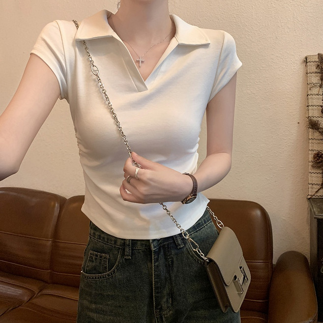 BiimTee 여성 폴로넥 V넥 반팔 리브드 크롭 핏 폴로 티셔츠 날씬해보이는 캐주얼 탑