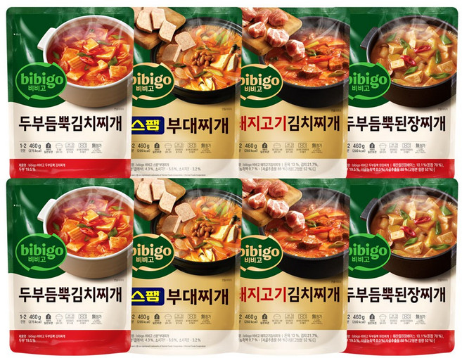 비비고 찌개 (두부김치찌개2+스팸부대찌개2+돼지고기김치찌개2+두부된장찌개2), 1세트, 460g