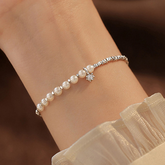 티큐 여성 심플 실버 925 큐브체인 진주 큐빅 펜던트 팔찌 A1981