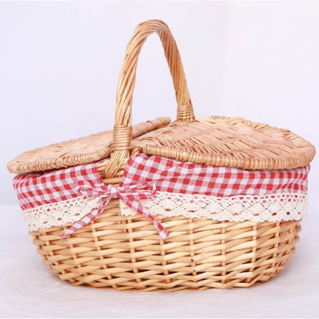 라탄 바구니 피크닉 소풍 소형 바스켓 도시락 과일, 1개, 레드체크