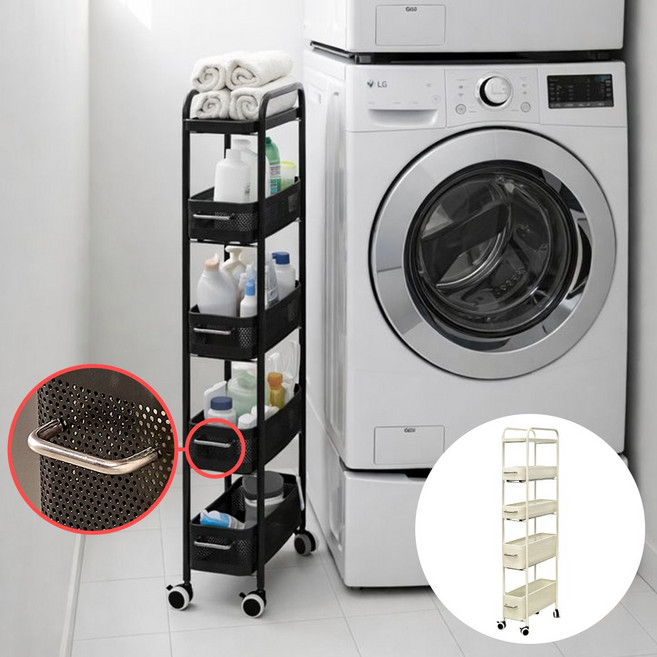 동화속나무 슬라이드 세탁실 트롤리형 이동식 틈새수납장, 블랙, 5단