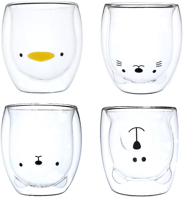 [모사찌] 동물컵 이중 내열 유리컵 머그컵 세트, 스마일곰+무뚝뚝곰+고양이+오리, 1세트