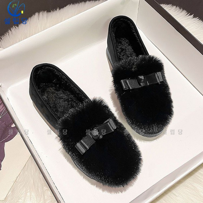 셀럽당 털신 여 겨울 기모 기모 통굽 로퍼 펌프스 펌프스 바닥 나비 면신발