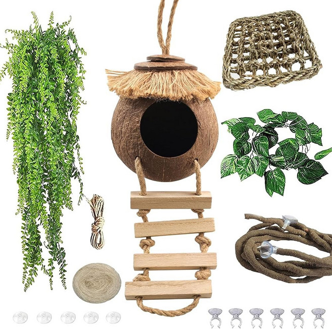 사다리를 든 MUYG 도마뱀 코코 덴 레오파드 게코 코코넛 허스크 오두막 은신처 집 파충류 해먹 등반 식물 수염 용뱀 카멜레온을 위한 서식지 탱크 액세서리 장식하기, Style D, With Ladder