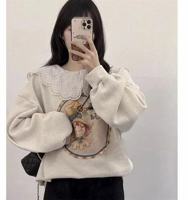 PINK LITCHI 여자 긴소매 블라우스 캐주얼룩 봄가을 루즈핏 빅카라 맨투맨 티셔츠 bn22