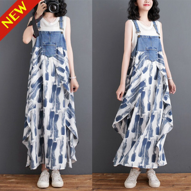 (26년 신상) 80kg까지 빅사이즈 여성 데님 패치워크 쉬폰 어깨끈조절 멜빵치마 여름 편한 모던 독특한 핏 예쁜 프릴 패치워크 배색 디자인 박스 날씬해보이는 롱 a라인 원피스