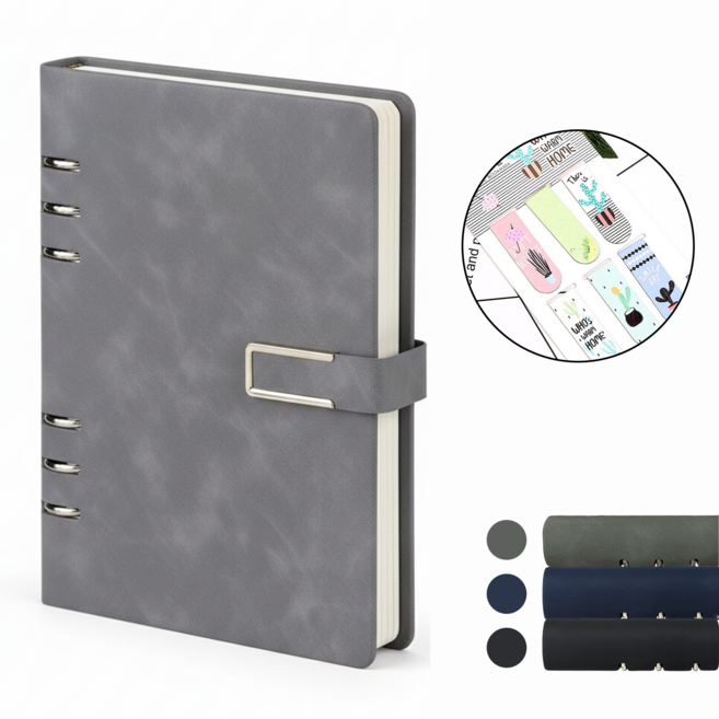 VEXLORA A5 6공 두꺼운 가죽 다이어리 비즈니스 업무용 루스 노트 휴대용 교체 내지 가능, 1개, 그레이
