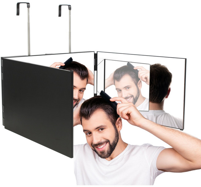 삼면거울 3면 미러 셀프 커트 머리 뒷면 보기 - 헤어커팅 이발사 미용실 높이조절 가정용, 블랙
