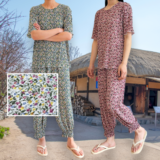 하치몽 촌캉스 플라워 쿨링 플리츠 상하세트 반팔 조거팬츠 꽃무늬 레트로 홈웨어 6컬러