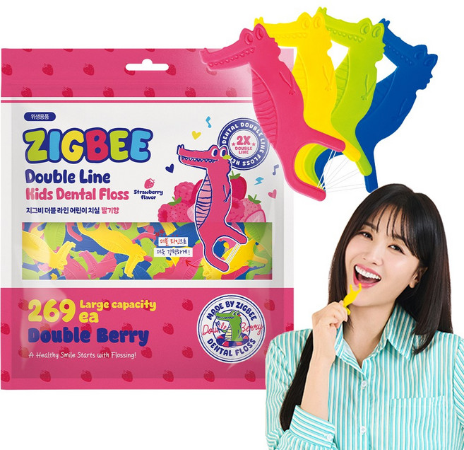 지그비 2줄 어린이 치실 더블라인 269개 대용량 딸기향, 1세트, 269개입, 6.2cm