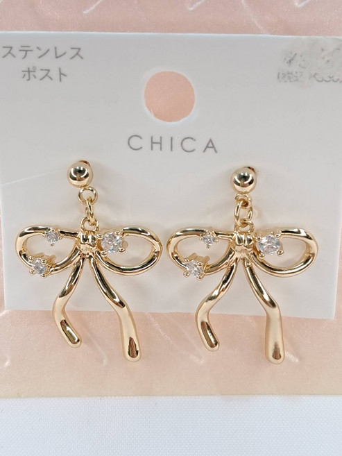 CHICA 蝴蝶結綴鑽耳環 不鏽鋼針