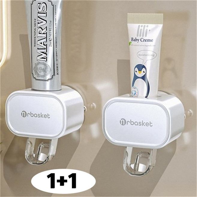 1+1 치약디스펜서 자동 간편 원터치 치약 짜개 걸이 무타공, 1세트, 화이트