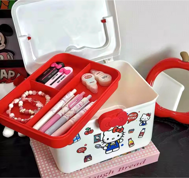 [스티커동봉] 엘리야 키티 휴대용 손잡이 구급 보관 상자 약통 2단 응급 구급함 다용도 소품 정리 수납 케이스, 1개, 화이트