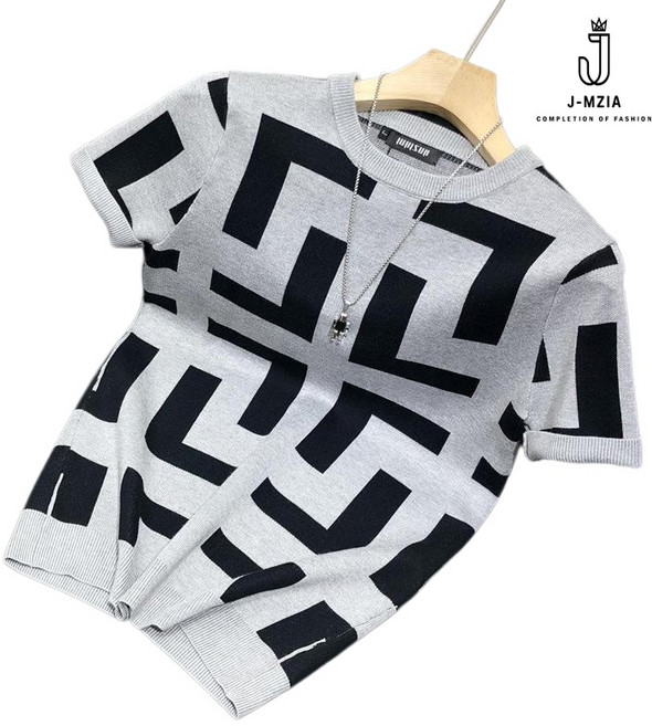 제이엠지아 남성 기하학패턴 슬림핏 캐주얼 반팔니트