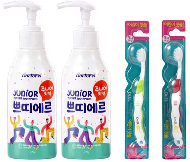 [치약2개+칫솔2개] 닥터이엘 쁘띠에르 어린이 키즈 불소 500ppm 펌핑 치약 220g 딸기향 + 미세모 칫솔 세트, 1개