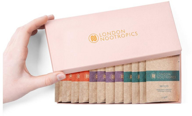 영국 헤롯백화점 런던 노오트로픽스 London Nootropics Selection Box 모조 + 플로우 + 젠 머쉬룸 버섯 커피 상자, 3개, 12개입, 3g