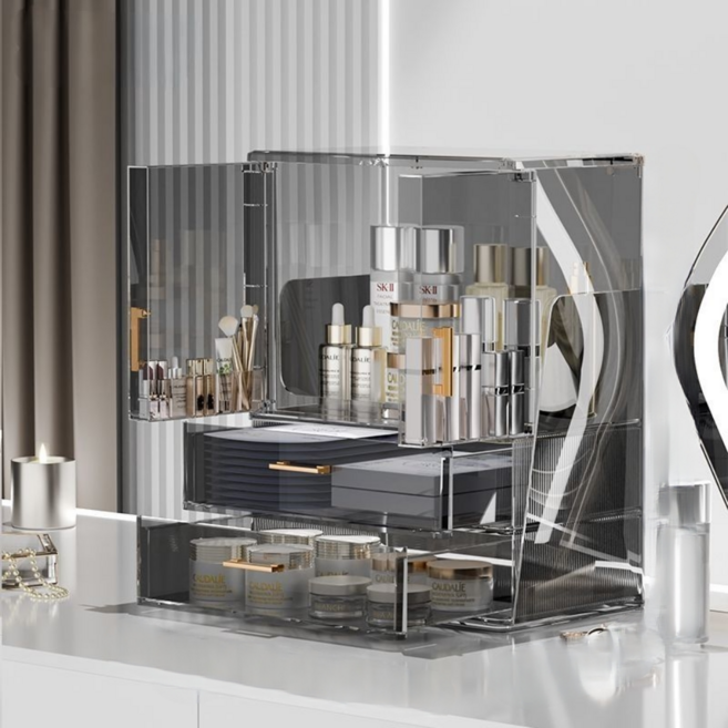 리빙투 모던 화장품 정리함 특대형 양문형 다용도 투명 수납함, 1개, 클래식 블랙