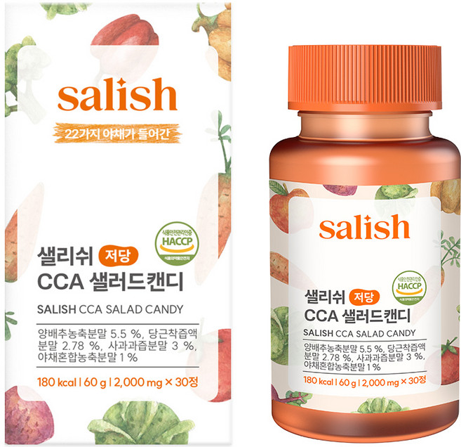 셀프리쉬 샐리쉬 CCA 샐러드캔디 저당 식이섬유 츄어블 채소 야채 사과맛, 60g, 1박스