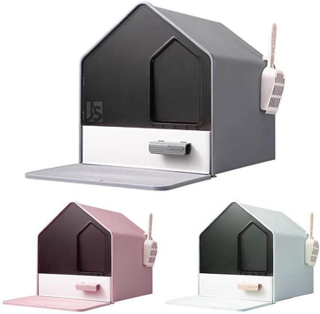 씨플 유럽 빌라 디자인 분리형 서랍 발판 포함 고양이 대형 후드형화장실 배변판, 그레이, 1