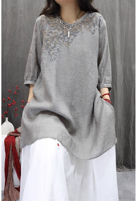 FINE ART 여성 라운드 자수 반팔 셔츠 얇은 칠부 티셔츠 빅사이즈 롱티 루즈핏