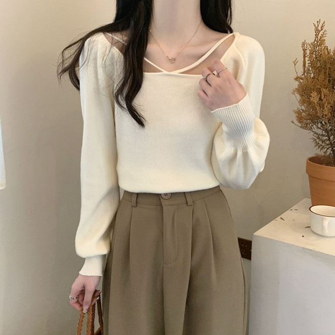 봄 가을 여자 니트티 긴팔 프렌치 스퀘어넥 퍼프 소매 슬림핏 니트 긴팔 상의 빅사이즈 캐주얼 여성 긴팔 니트 LCC