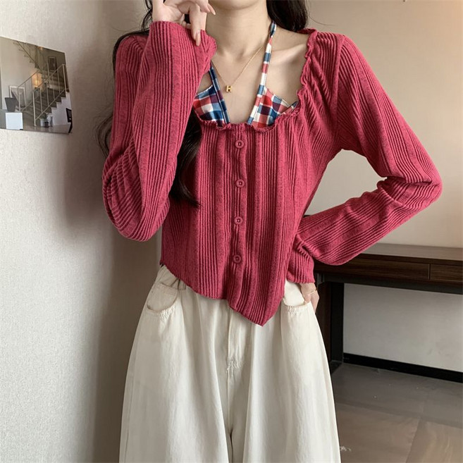 여성 홀터넥 레이어드 니트 봄 가을 여자 언밸런스 숏 니트 긴팔티 캐주얼 페이크 투피스 슬림 니트티 LCC