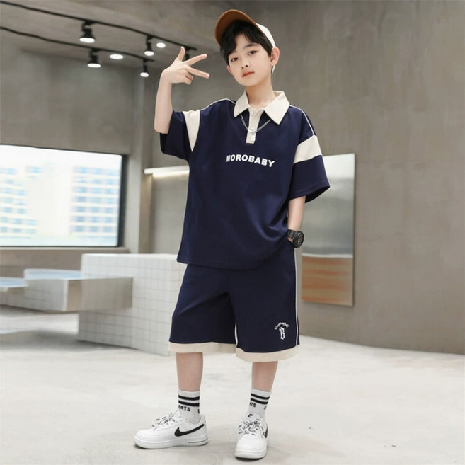 키즈목마 2025 여름 남아 카라넥 반팔 반바지 세트 주니어 캐주얼 반바지 상하복 614
