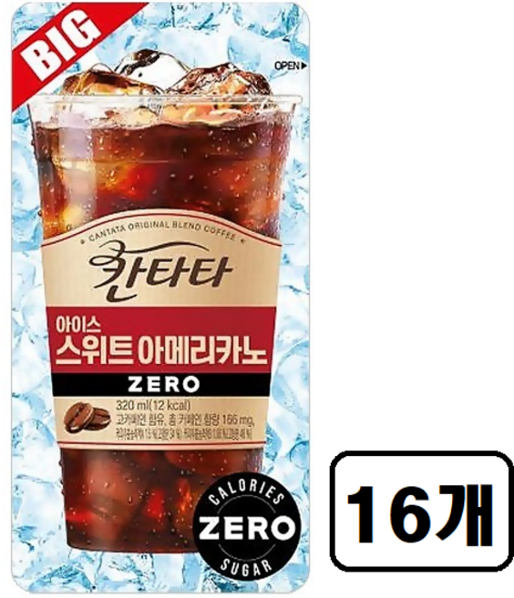 롯데칠성 칸타타 아이스 빅 스위트 아메리카노 제로 파우치음료, 320ml, 16개