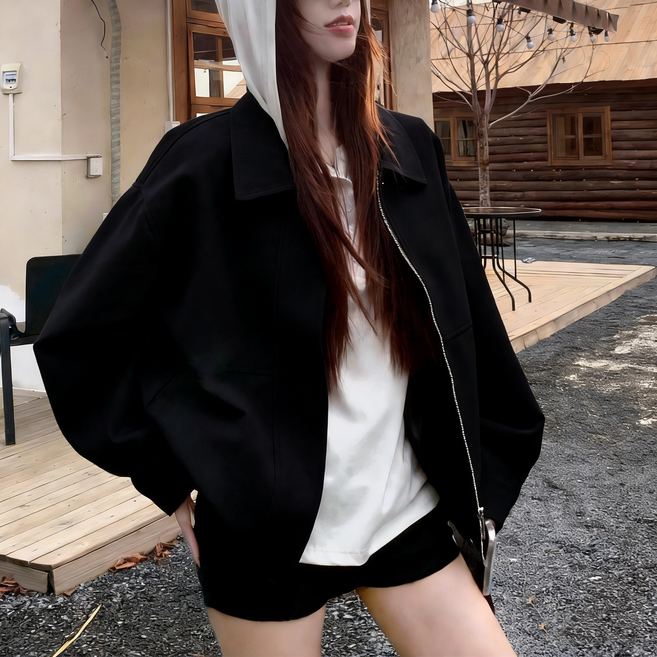 ANYOU 여성 캐주얼 스웨이드 재킷 봄가을 칼라넥 자켓 브라운 오버핏 빈티지 방한 여성 재킷 코트