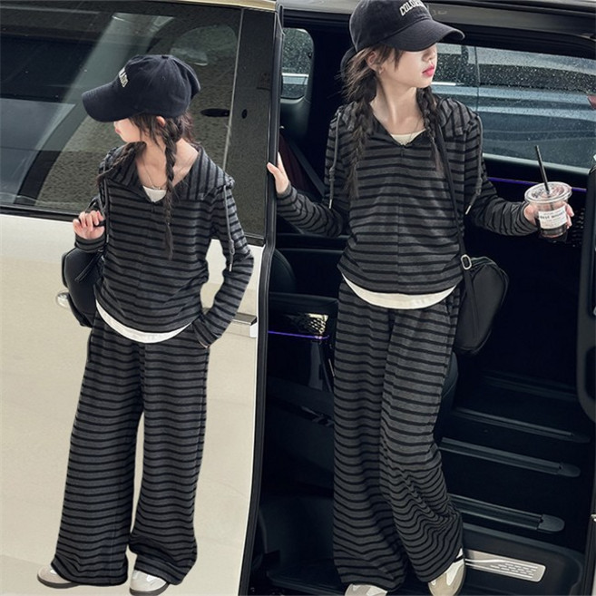 비비키드 주니어 상의 초등생 하의 세트 여아 봄 가을 페이크 레이어드 스프라이프 후드티 세트 초중생 긴팔 긴바지 초등생 상하세트 (99564)