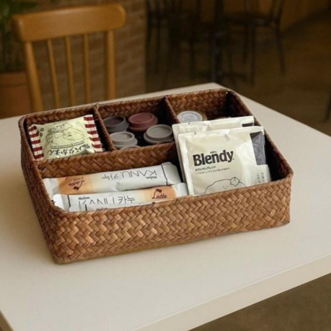 유니아하우스 라탄 탕비실 트레이 티박스, 4칸 바구니, 1개