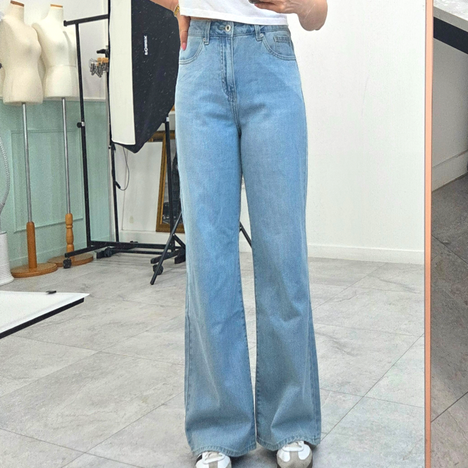 게스 여성 시원한 아이스 롱 와이드핏 여름 데님 라이트블루