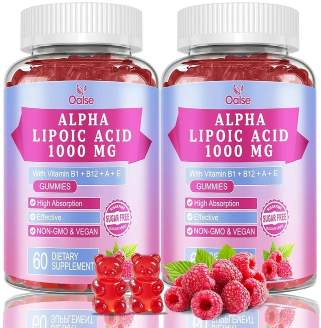 OALSE (2팩) 알파 리포산 젤리 1000Mg 비타민 B1 B12 A E 포함 - 에너지 지원을 위한 고흡수성 설탕 프리 츄어블 ALA 보충제 라즈베리 맛 젤리 6, OALSE (2팩) 알파 리포산 젤리 1000Mg 비타, 60 - 쿠팡