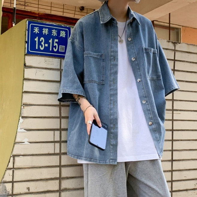 日系牛仔襯衫男短袖夏季潮流休閒襯衣