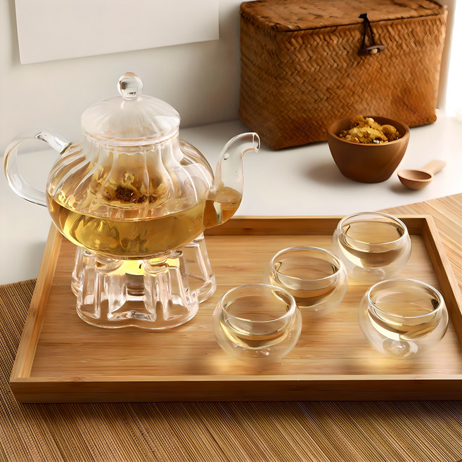 삼호유리 스트라이프 내열유리 티포트 세트 SH teapotset 1, 1세트, 티포트 + 티인퓨저 + 티워머 + 원형 미니잔 4p