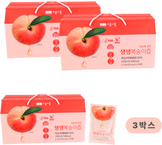 시골내음 생생 복숭아즙 100% 착즙 한여름 복숭아를 베어먹는 맛, 90개, 110ml
