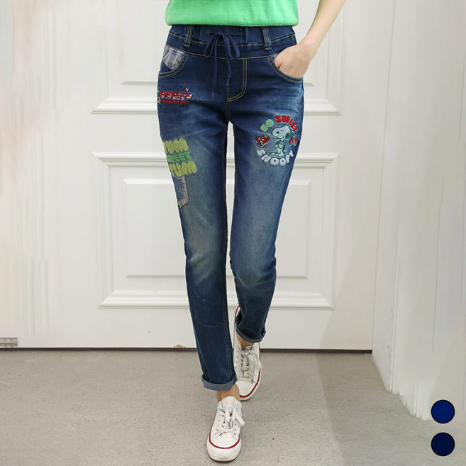 40대 50대 여성 데일리룩 디즈니 스누피 캐릭터 여름 바지 허리밴딩 캐주얼 데님 팬츠