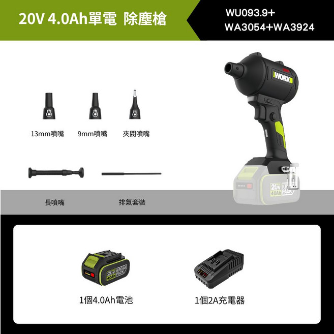 WORX WU093.9+ 20V 4.0Ah 單電除塵槍, 1個