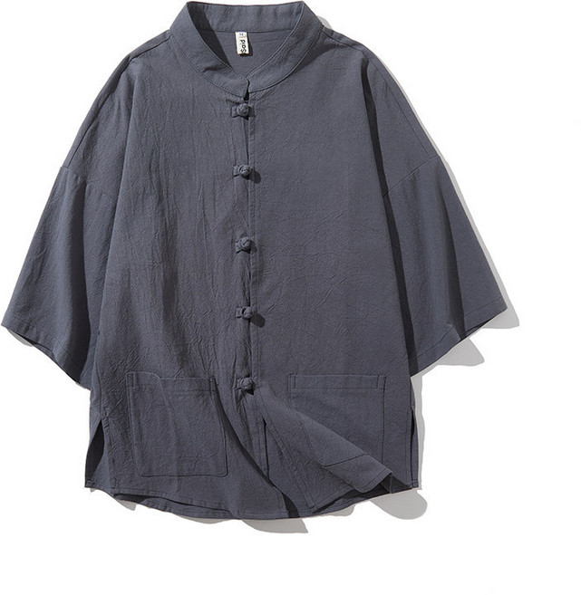 【新中式國風】亞麻襯衫 男式襯衫 短袖襯衫 夏季襯衫 休閒襯衫 立領盤扣 寬鬆薄款 純色百搭 透氣舒適