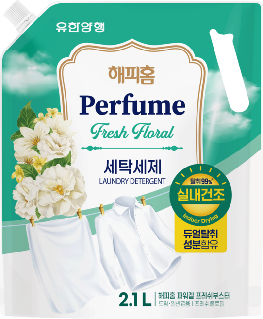 해피홈 파워겔 실내건조 프레쉬플로럴향 액상세제 리필 일반드럼 겸용, 2.1L, 2개