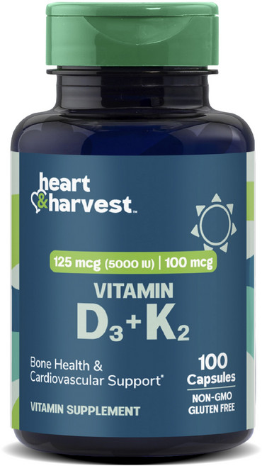 Heart & Harvest 125mcg 5000IU 100mcg 비타민 D3 + K2 캡슐, 1개, 100정
