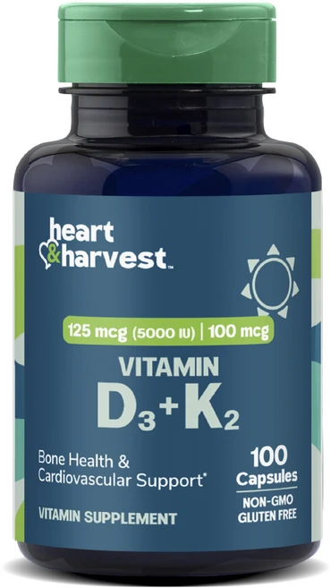 Heart & Harvest 125mcg 5000IU 100mcg 비타민 D3 + K2 캡슐, 1개, 100정 - 쿠팡