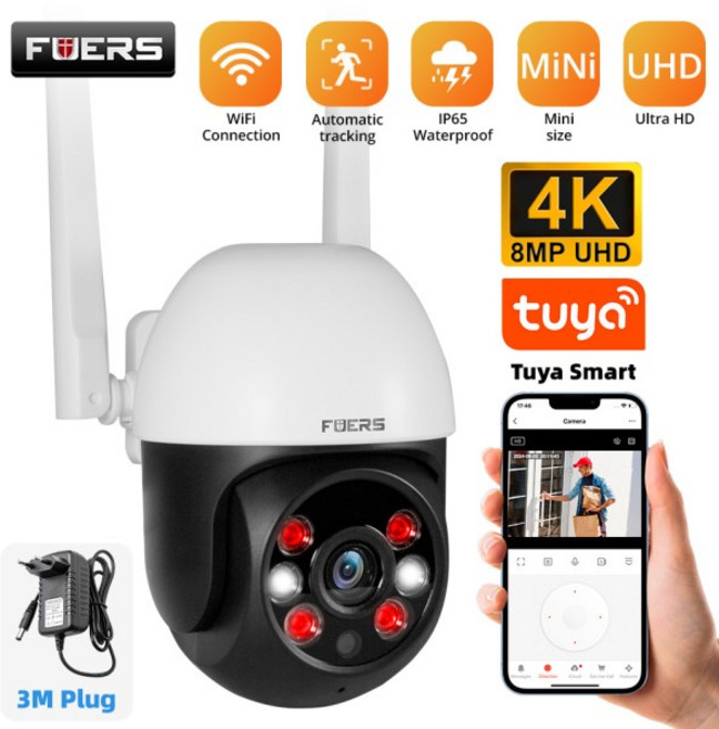 Fuers Tuya 스마트 와이파이 감시 카메라 4K 8MP 무선 야외 홈 보안 PTZ IP 카메라 AI 인간 감지 CCTV 미니, 02 EU 플러그, 1개, 02 3m 3MP Cam