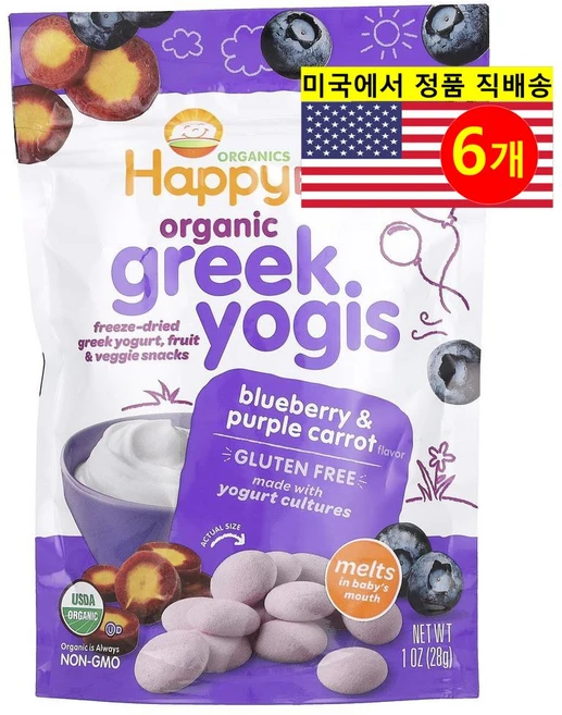 Happy Family Organics 유아동용 오가닉 블루베리 자색 당근 그릭 요기스 28g 3개, 6개 - 쿠팡