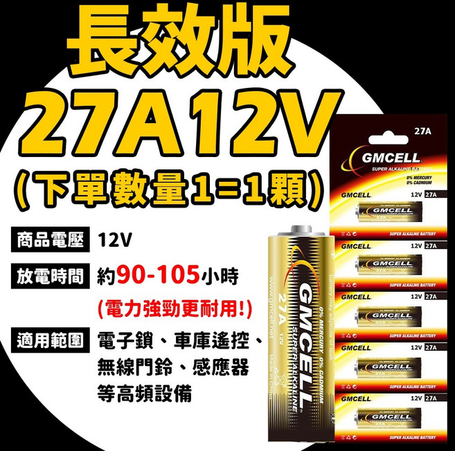 GMICELL 23A 12V 長效版電池，適用於遙控器、車庫門、無線門鈴, 1個, 【長效版】27A 12V-單顆售