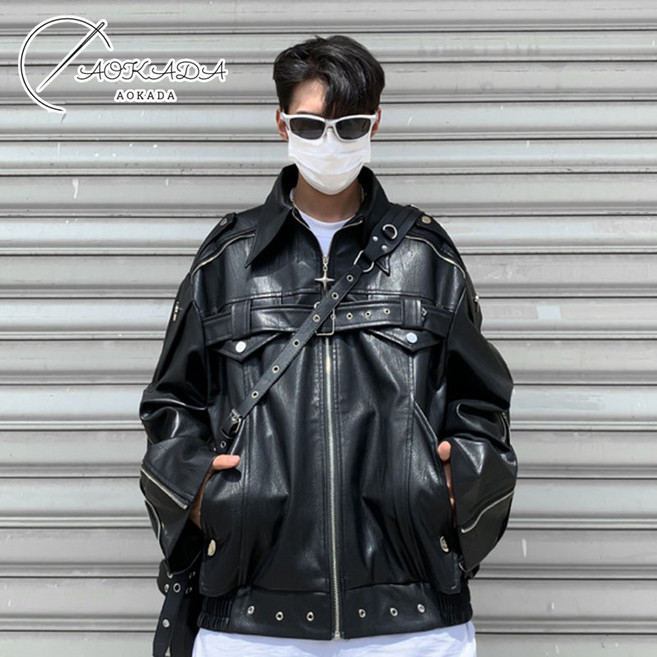 AOKADA 미국식 빈티지 쇼트 남자 라이더자켓 화이트 캐주얼 가죽자켓