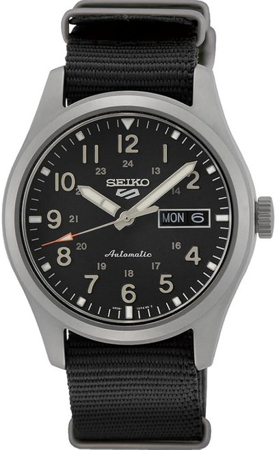 세이코 SEIKO SRPG37 남성용 시계 - 5가지 스포츠 수동 와인딩 무브먼트가 있는 오토매틱 블랙 다이얼 스테인리스 스틸 케이스 나일론 스트랩 100m 방수 요일