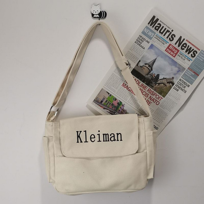 Kleiman 帆布斜跨包，韓系潮流學生單肩包, 白色不要掛件