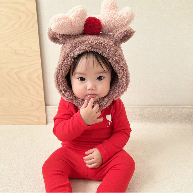 귀여움 뿜뿜 양털 루돌프 보넷 모자 + 핀 세트 어린이집 돌아기 아동모자 크리스마스 겨울