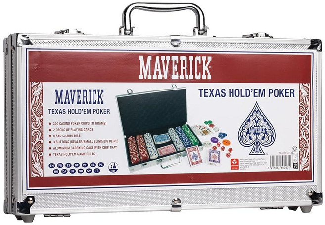 Maverick Texas Hold 'Em 포커 세트 알루미늄 케이스 포함 11g 카지노 포커 칩 300개 MAVERICK 플레잉 카드 덱 2개 레드 주사위 5개 버튼, Maverick Texas Hold 'Em 포커 세트,
